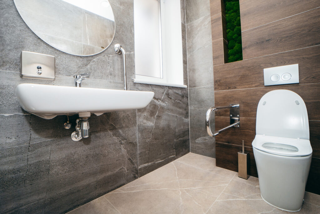 adaptable housing design. Interior of modern toilet with handrail