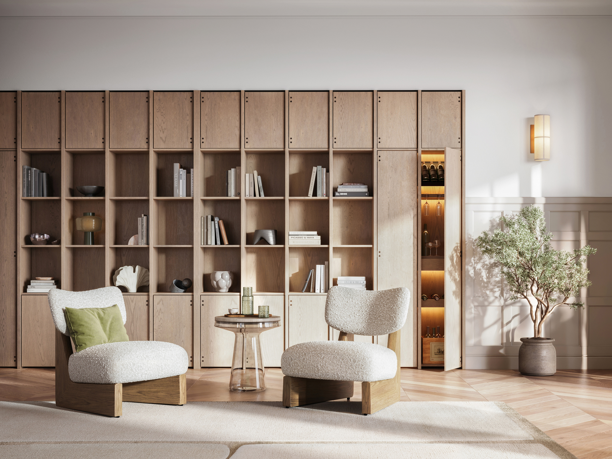 living room and book shelf, bathed in sunlight