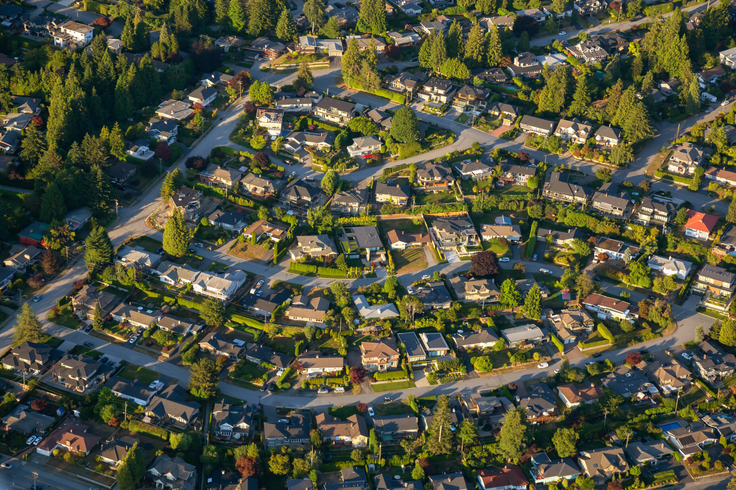 Aerial view of the residential homes in North Vancouver, British Columbia, Canada