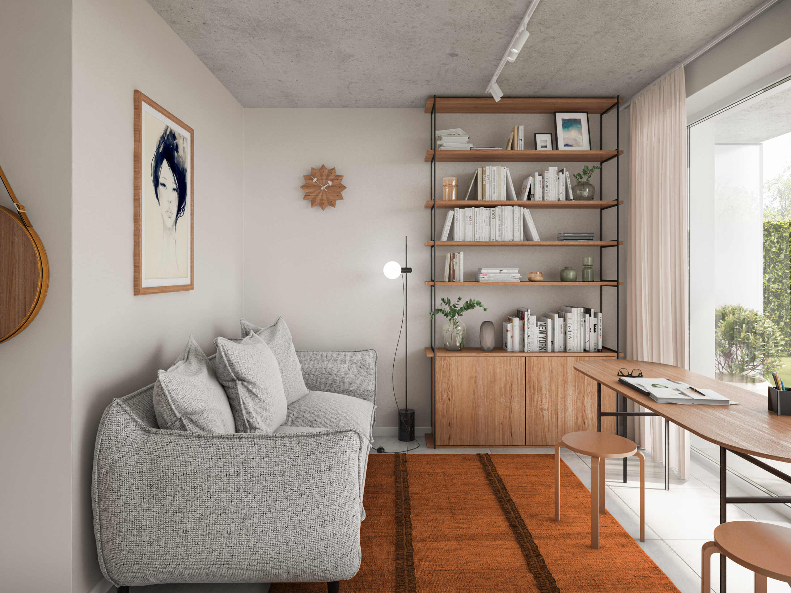 Interior of a small orange wooden living room