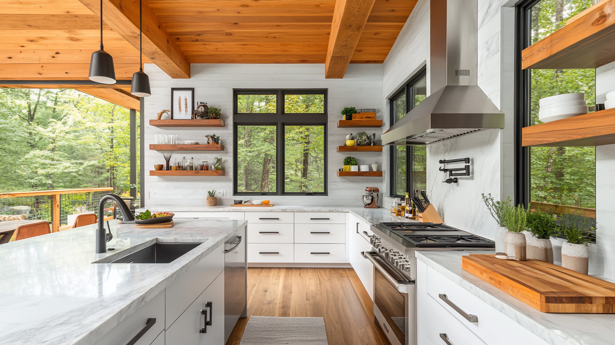 Modern farmhouse kitchen with exposed wood beams, white cabinetry, and open shelving beside large windows