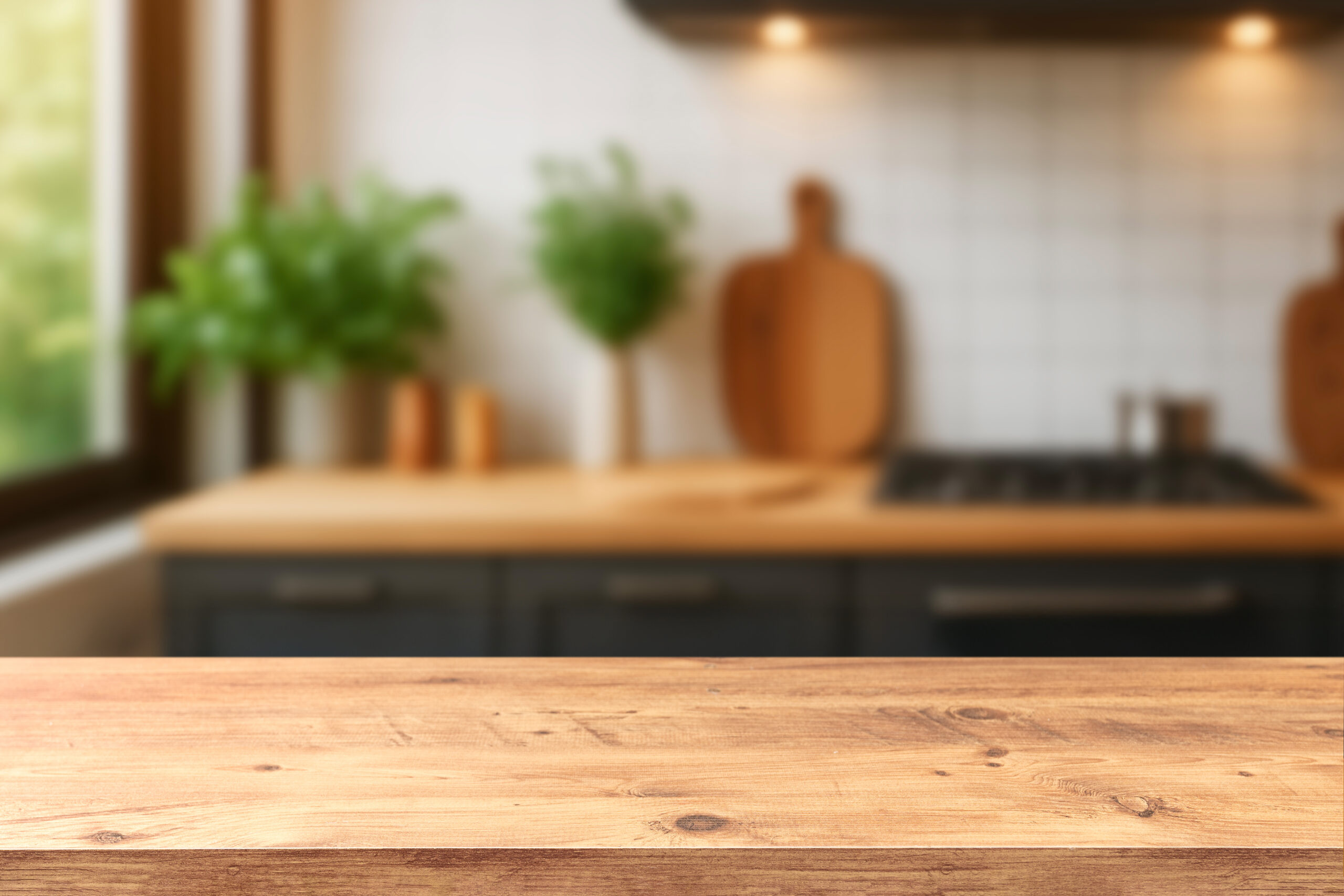 Empty wooden countertop in the foreground with a softly blurred modern kitchen behind it