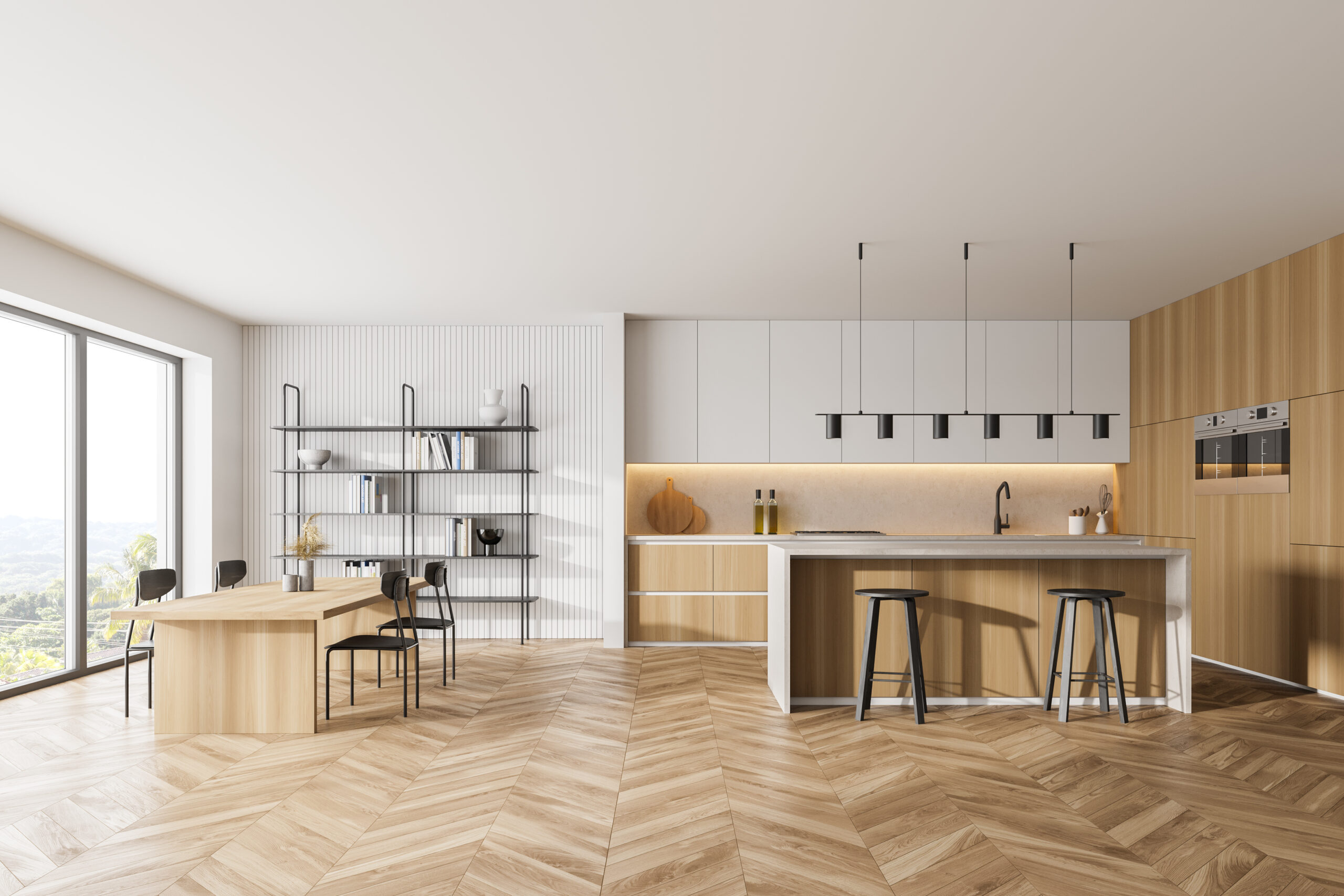 Wood-look plank flooring in a kitchen with a dining table and chairs